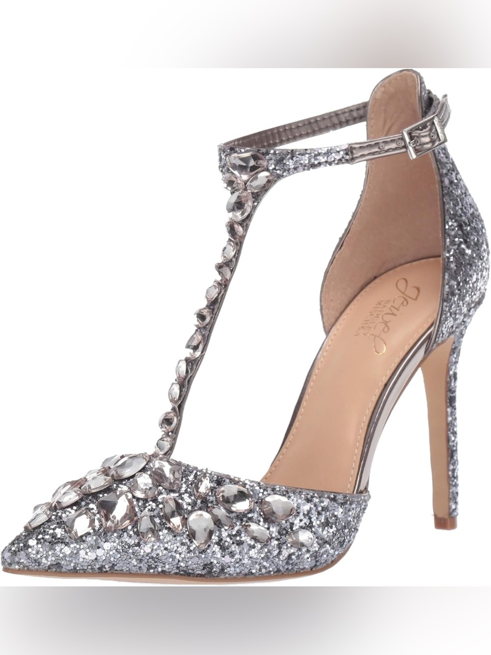 Jewel Badgley Mischka Silver Crystal T-Strap Pointed Toe Pump